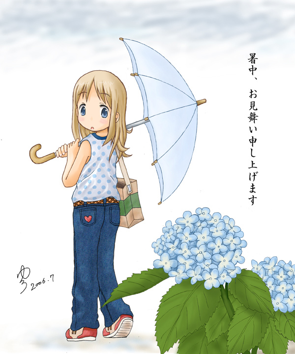 ana coppola, ichigo mashimaro, artist request, tagme, 1girl, bag, child, denim, female focus, flower, hydrangea, jeans, pants, shoes, sneakers, solo, umbrella, white background