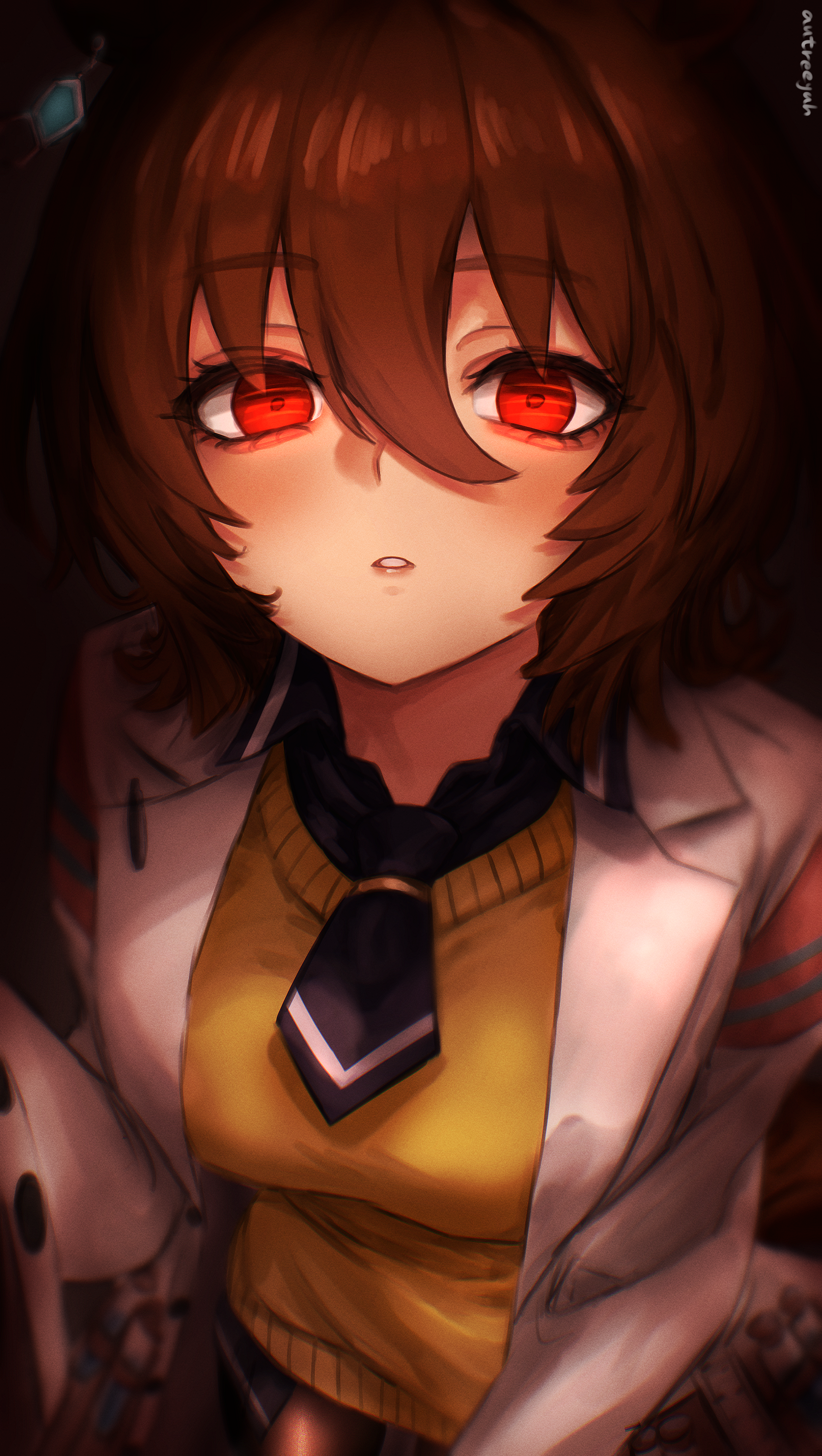autreeyah, agnes tachyon (umamusume), umamusume, absurdres, highres, 1girl, black necktie, black shirt, blonde hair, blush, brown pantyhose, chemical structure, coat, collared shirt, ear ornament, earrings, hair between eyes, hem peeking out, jewelry, lab coat, long sleeves, looking at viewer, medium hair, necktie, open clothes, open coat, pantyhose, parted lips, pen, red eyes, shirt, short necktie, single earring, sleeves past fingers, sleeves past wrists, solo, sweater, white coat, yellow sweater