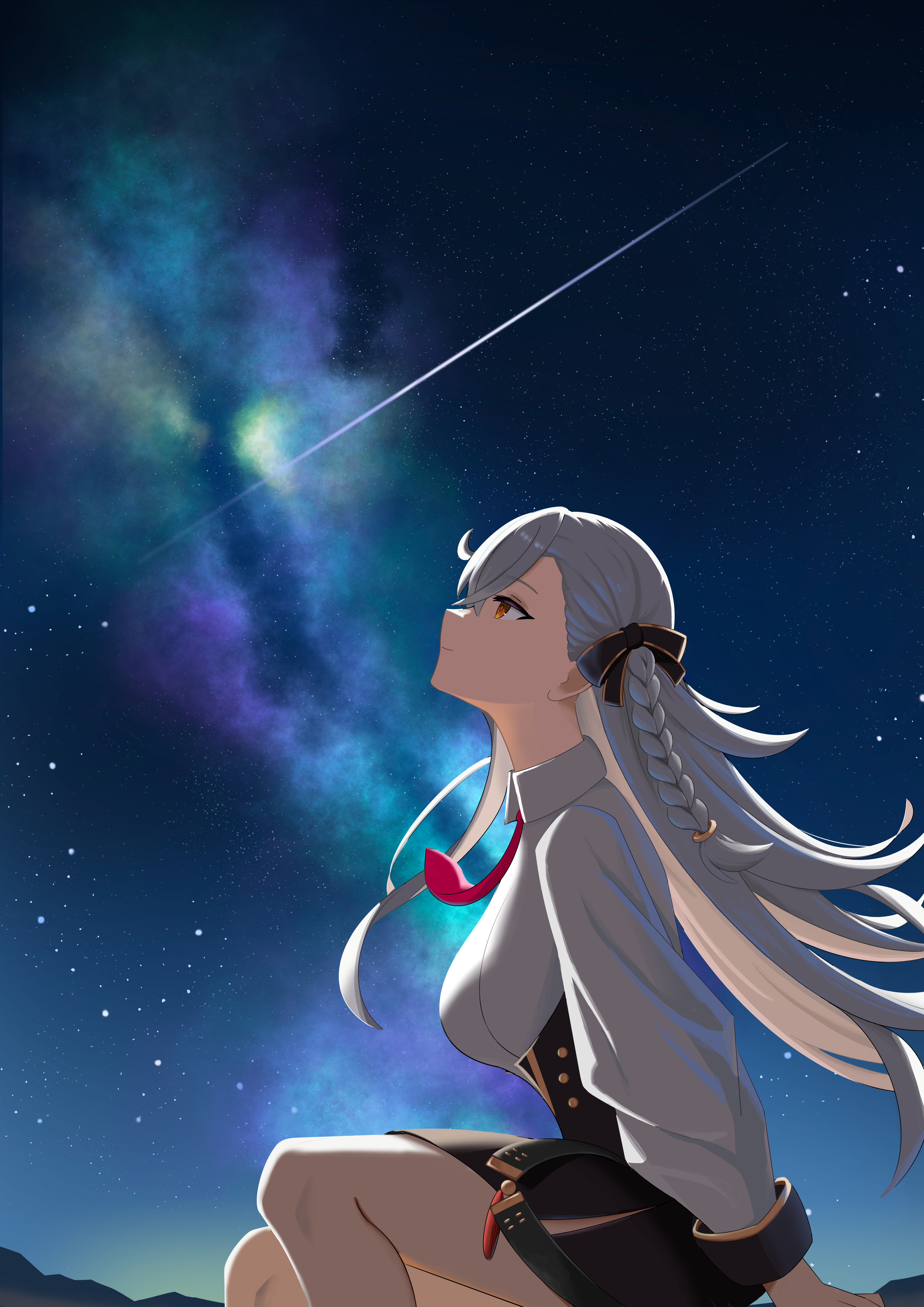 ego phony, olga marie animusphere, olga marie animusphere (unbeast), fate/grand order, fate (series), absurdres, commentary request, highres, 1girl, black ribbon, black skirt, braid, closed mouth, floating hair, hair ribbon, light smile, long hair, long sleeves, looking up, necktie, night, night sky, profile, red necktie, ribbon, shirt, sitting, skirt, sky, solo, star (sky), starry sky, white hair, white shirt