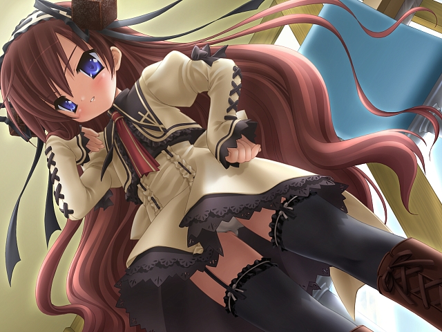 blue eyes, boots, bow, brown hair, hair ribbon, long hair, panties, ribbon, thighhighs, underwear