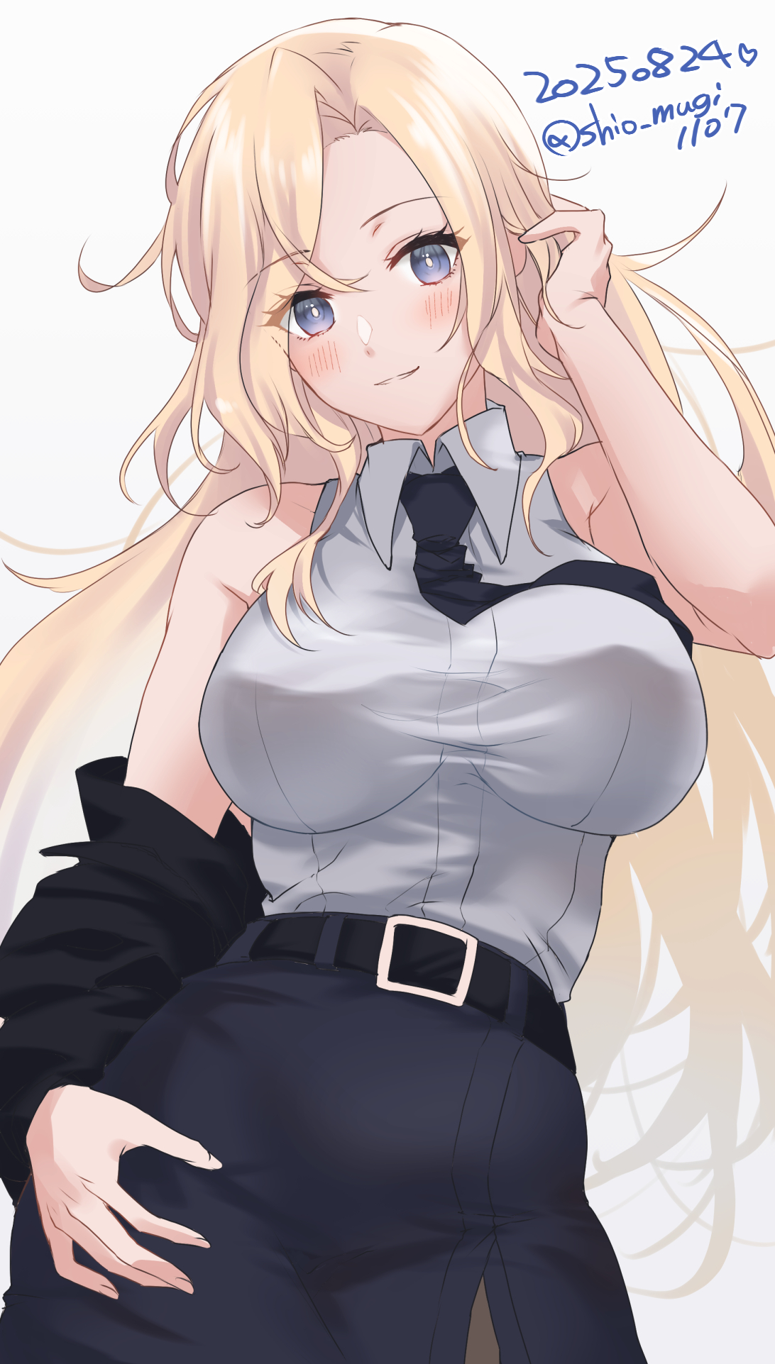 shiomugi (shio mugi1107), hornet (kancolle), kantai collection, highres, 1girl, belt, black belt, black necktie, black skirt, blonde hair, blue eyes, blush, bomber jacket, breasts, dated, grey eyes, jacket, large breasts, long hair, looking at viewer, necktie, pantyhose, pencil skirt, shirt, skirt, sleeveless, sleeveless shirt, solo, twitter username, white background, white shirt