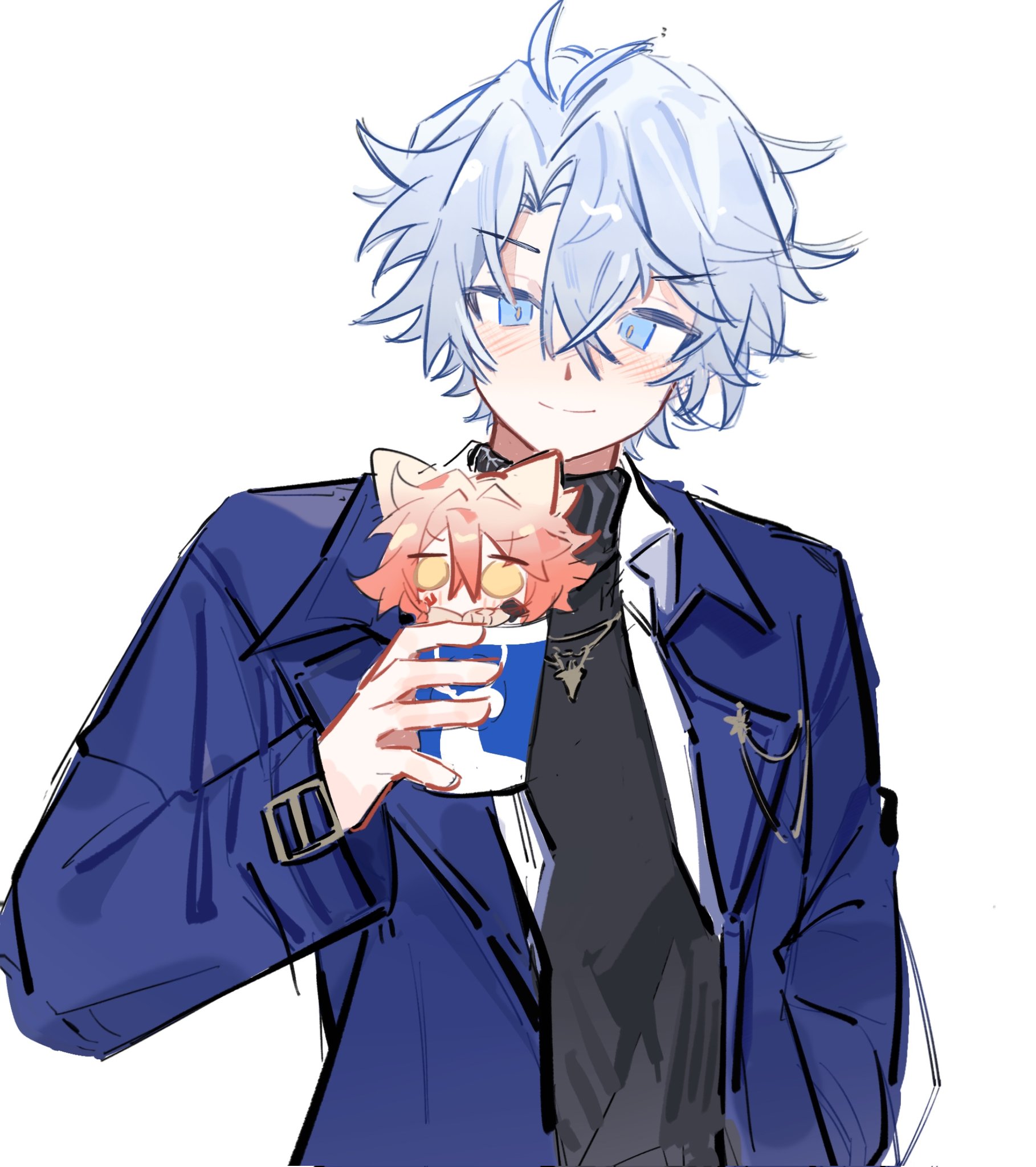 ping (2178761408qqco1), mydei (honkai: star rail), phainon (honkai: star rail), honkai: star rail, honkai (series), highres, 2boys, antenna hair, black sweater, blue coat, blue eyes, chibi, coat, crossed bangs, cup, grey hair, hair between eyes, holding, holding cup, jewelry, male focus, mini person, miniboy, multiple boys, necklace, official alternate costume, open clothes, open coat, open shirt, orange hair, parted bangs, phainon (luckin coffee) (honkai: star rail), shirt, short hair, simple background, sweater, turtleneck, turtleneck sweater, white background, white shirt, yellow pupils