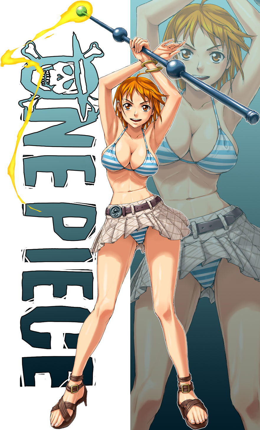 nigou, nami (one piece), one piece, highres, 1girl, ahoge, armpits, arms up, belt, bikini, bikini top only, blush, bra, breasts, cleavage, clima-tact, copyright name, feet, female focus, fighting stance, full body, high heel sandals, high heels, huge breasts, jolly roger, miniskirt, narrow waist, orange hair, panties, pantyshot, plaid clothes, plaid skirt, red eyes, red hair, sandals, short hair, skirt, solo, straw hats jolly roger, striped bikini, striped clothes, striped panties, swimsuit, toes, underwear, upskirt, wand, zoom layer