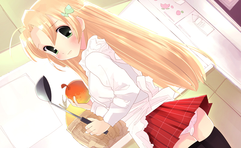 blonde hair, blush, food, fruit, green eyes, hair ribbon, kitchen, long hair, panties, ribbon, school uniform, serafuku, skirt, thighhighs, underwear, upskirt