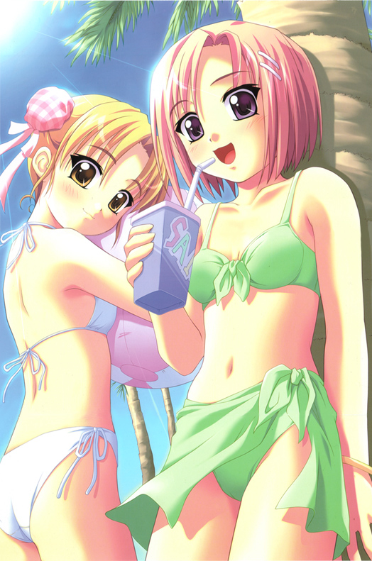 2girls, ass, blonde hair, blush, multiple girls, open mouth, pink hair, purple eyes, swimsuit, yellow eyes