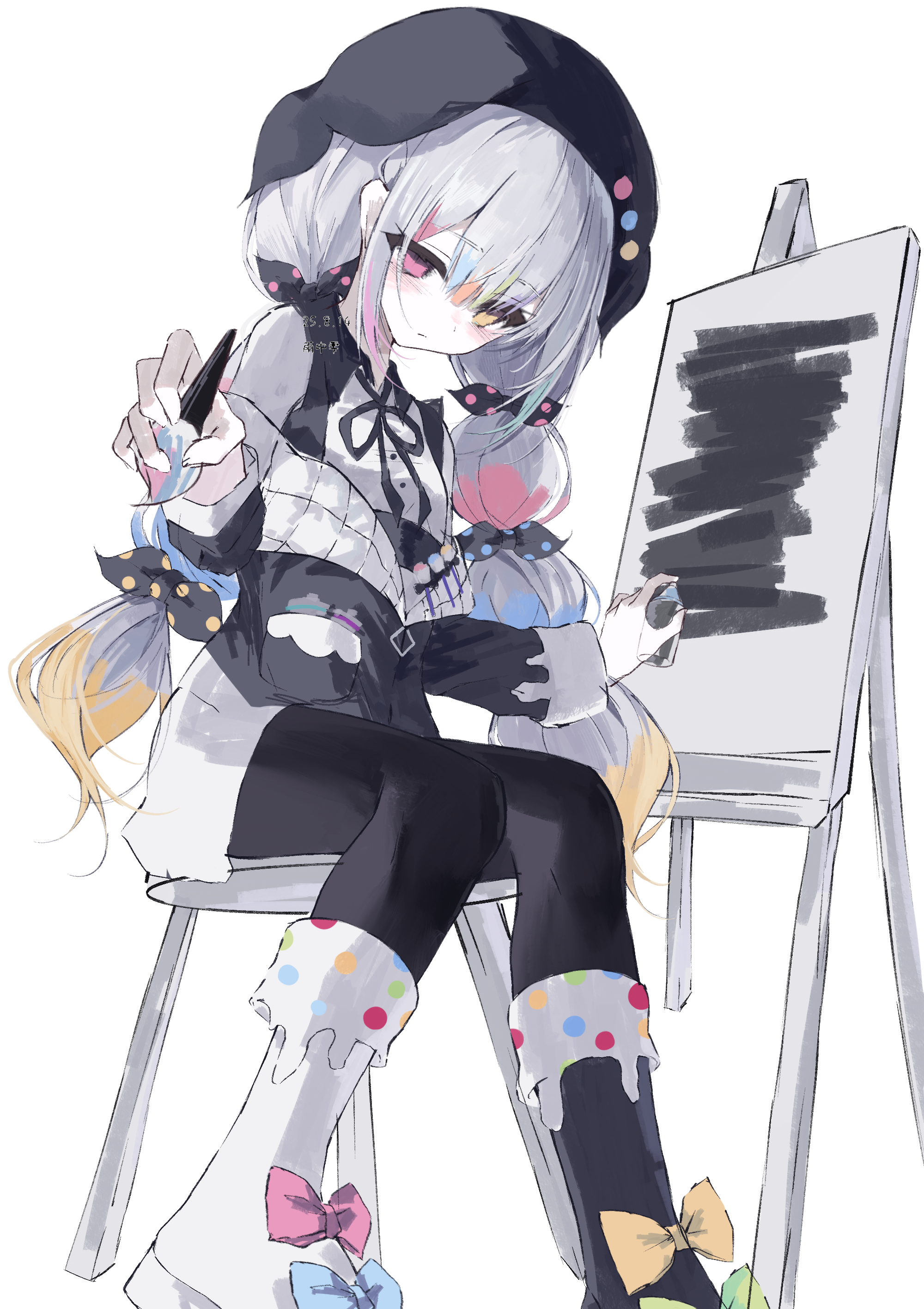 jougasaki noa, mahou shoujo no majo saiban, absurdres, chinese commentary, commentary request, highres, 1girl, asymmetrical footwear, beret, black boots, black pantyhose, black ribbon, boots, bow, braid, canvas (object), closed mouth, easel, empty eyes, expressionless, hat, heterochromia, holding, holding paintbrush, holding spray can, long hair, long sleeves, looking at viewer, magical girl, mismatched footwear, multi-tied hair, multicolored hair, neck ribbon, off shoulder, paintbrush, pantyhose, pink bow, ribbon, simple background, sitting, solo, spray can, stool, twin braids, white background, white boots, yellow bow, yellow eyes, you de cong yu