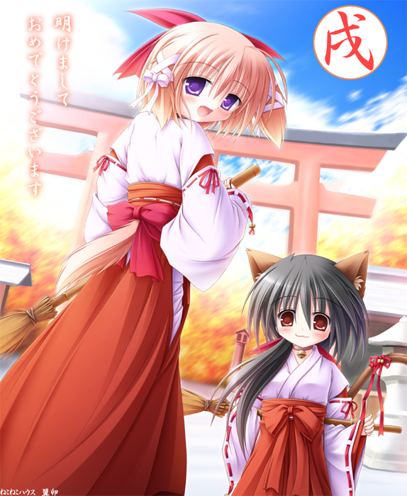 tagme, animal ears, broom, cat ears, japanese clothes, miko, torii