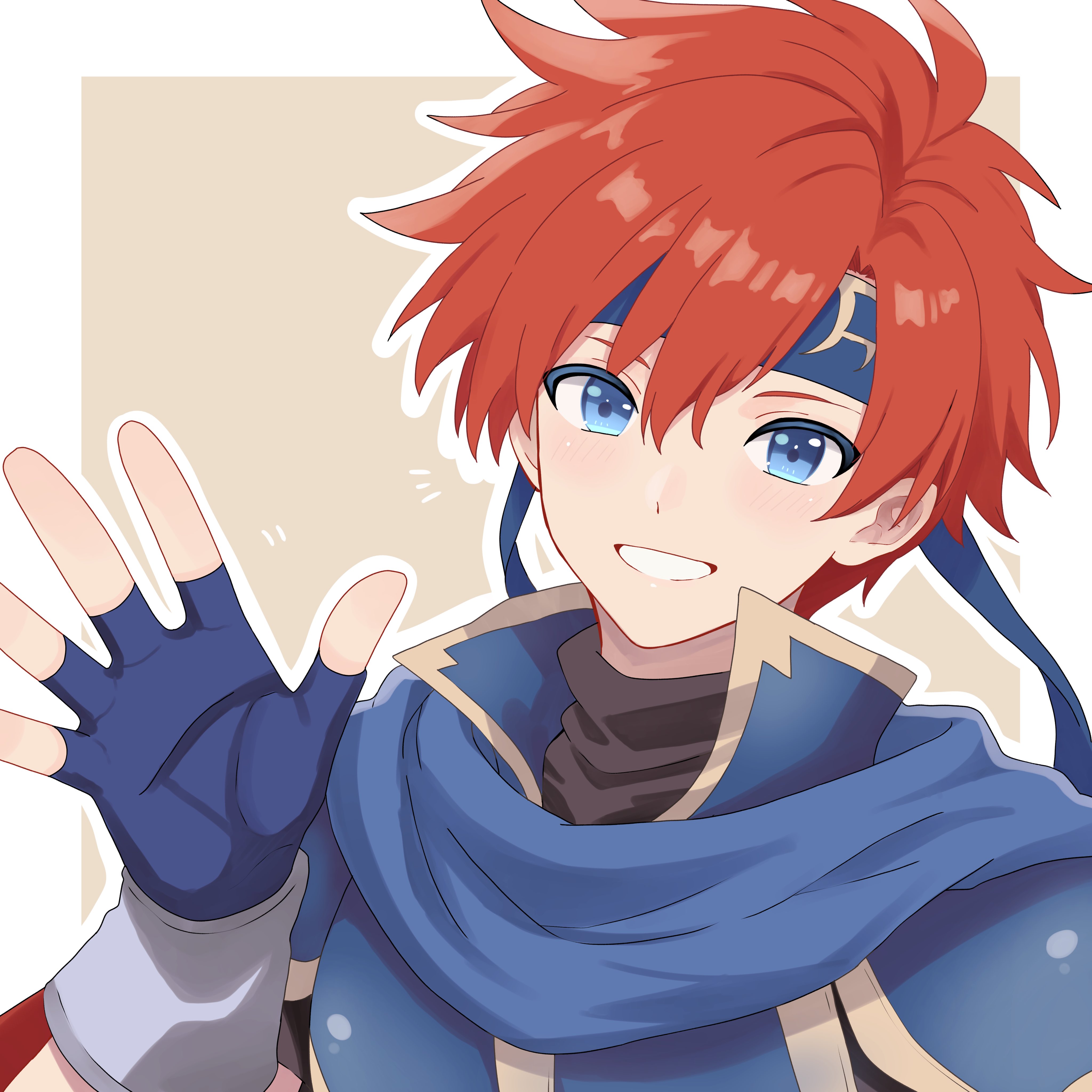 n 54, roy (fire emblem), fire emblem, fire emblem: the binding blade, nintendo, absurdres, highres, 1boy, armor, black shirt, blue eyes, blue gloves, blush, cape, fingerless gloves, gloves, headband, looking at viewer, male focus, open mouth, red hair, shirt, short hair, simple background, smile, solo, teeth, upper body, waving