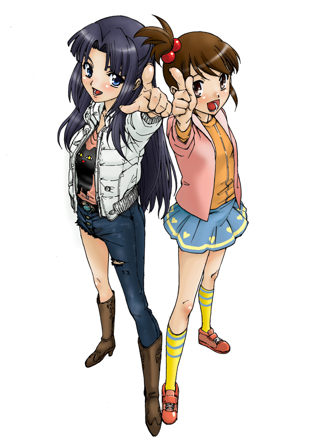 asakura ryoko, kyon no imouto, suzumiya haruhi no yuuutsu, 00s, 2girls, casual, multiple girls, simple background
