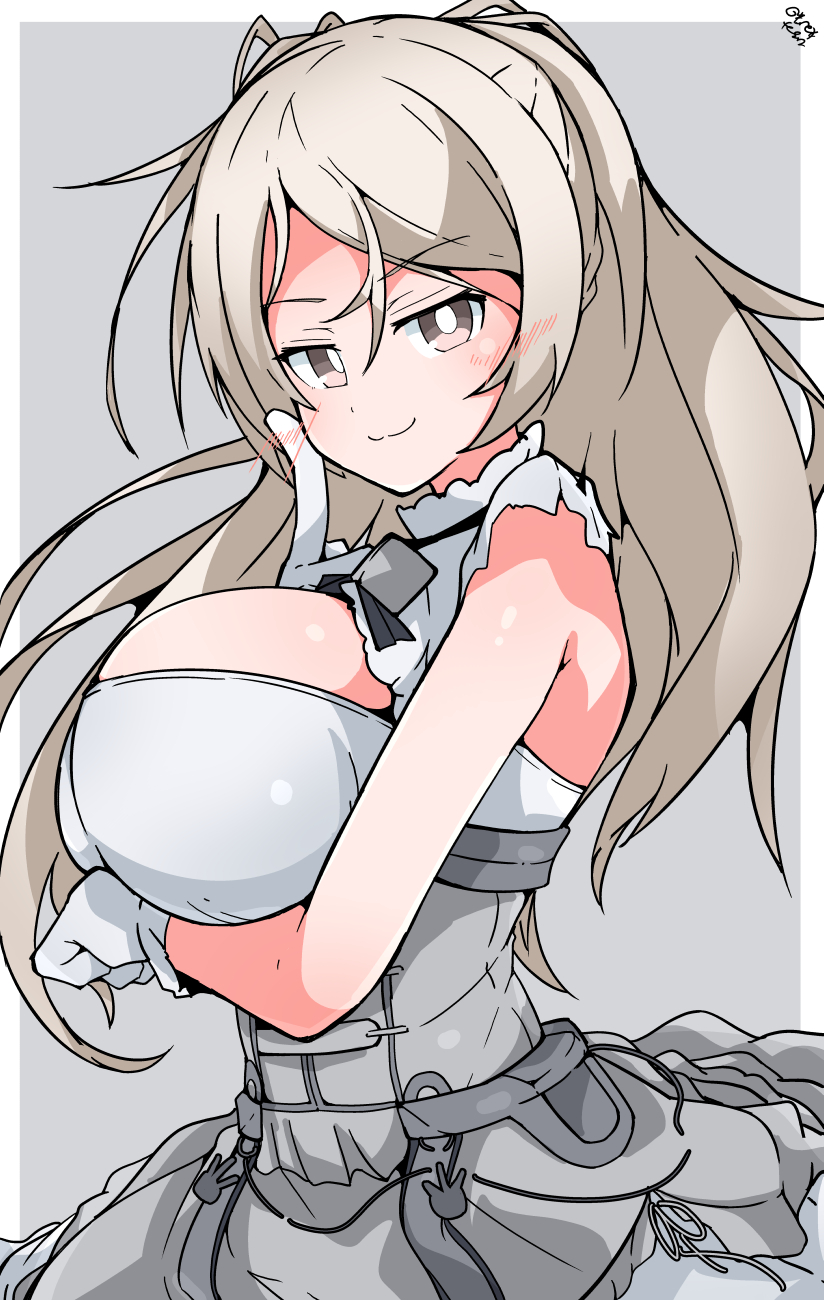 nejirehifumi, conte di cavour (kancolle), conte di cavour nuovo (kancolle), kantai collection, highres, 1girl, blush, breasts, brown eyes, cleavage, cleavage cutout, clothing cutout, corset, dress, frilled dress, frills, gloves, grey dress, grey hair, large breasts, layered dress, long hair, looking at viewer, signature, simple background, smile, solo, two-tone dress, two side up, upper body, white background, white dress, white gloves