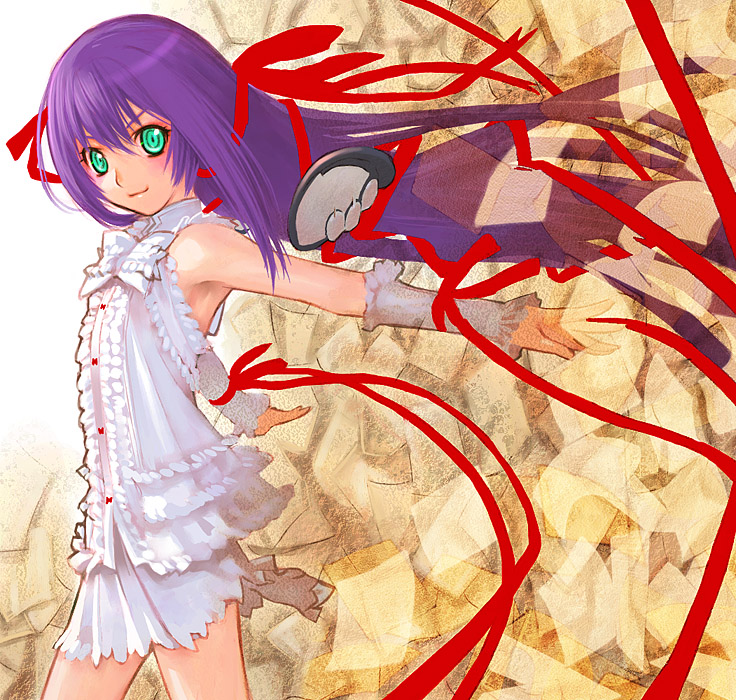 sakamoto mineji, al azif (demonbane), demonbane, 00s, 1girl, armpits, detached sleeves, dress, female focus, green eyes, hair ribbon, long hair, looking at viewer, purple hair, red ribbon, ribbon, smile, solo, sundress, very long hair, white dress