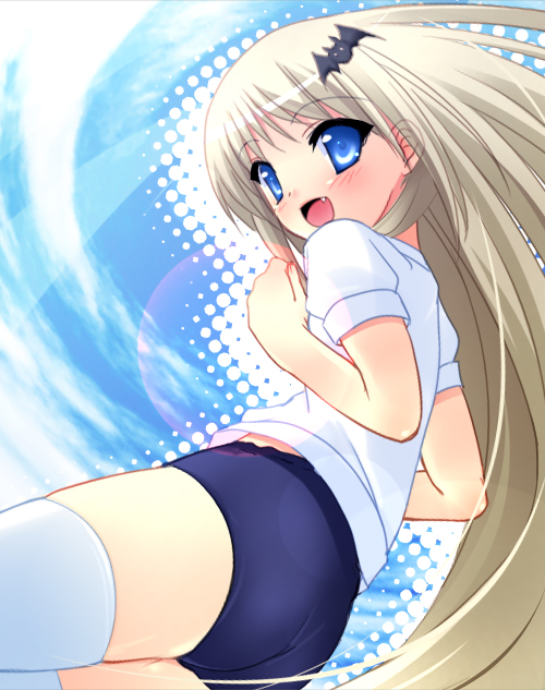 yukizuki chikuba, noumi kudryavka, little busters!, silver hair, aqua eyes, blue eyes, blush, buruma, day, fang, gym uniform, happy, long hair, sky, smile, solo, thighhighs, very long hair