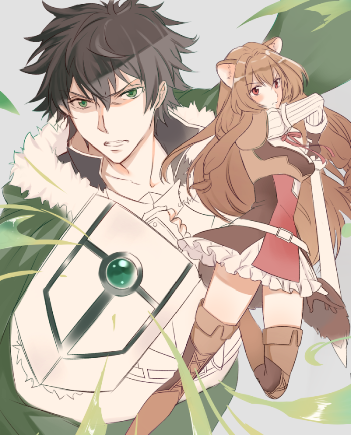 niwata0, iwatani naofumi, raphtalia, tate no yuusha no nariagari, commentary request, 1boy, 1girl, adapted costume, angry, animal ear fluff, animal ears, arm shield, armor, armored boots, armored gloves, belt, black dress, black hair, black shirt, boots, breastplate, breasts, brown boots, brown gloves, brown hair, clenched teeth, cloak, closed mouth, collared shirt, cowboy shot, dress, elbow gloves, fingerless gloves, full body, fur-trimmed cloak, fur trim, gloves, green cloak, green eyes, hair between eyes, hand up, high collar, holding, holding sword, holding weapon, layered dress, light frown, long hair, long sleeves, looking at viewer, medium breasts, messy hair, neck ribbon, open mouth, pauldrons, pinstripe dress, pinstripe pattern, raccoon ears, raccoon girl, raccoon tail, red dress, red eyes, red ribbon, ribbon, shaded face, shirt, short dress, short hair, shoulder armor, sidelocks, single pauldron, sleeveless, sleeveless dress, straight hair, sword, tail, teeth, thigh boots, thighhighs, two-tone dress, weapon, white belt, white dress, white gloves, zettai ryouiki