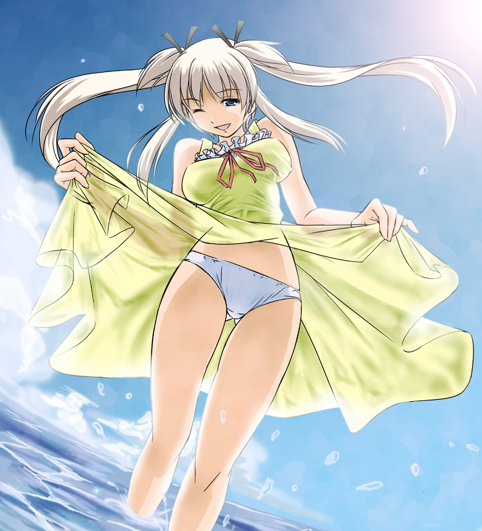 nao (mabinogi), mabinogi, silver hair, 1girl, blue eyes, bow, clothes lift, day, dress, dress lift, female focus, long hair, ocean, one eye closed, panties, skirt, skirt lift, solo, sundress, twintails, underwear, upskirt, white panties, wink