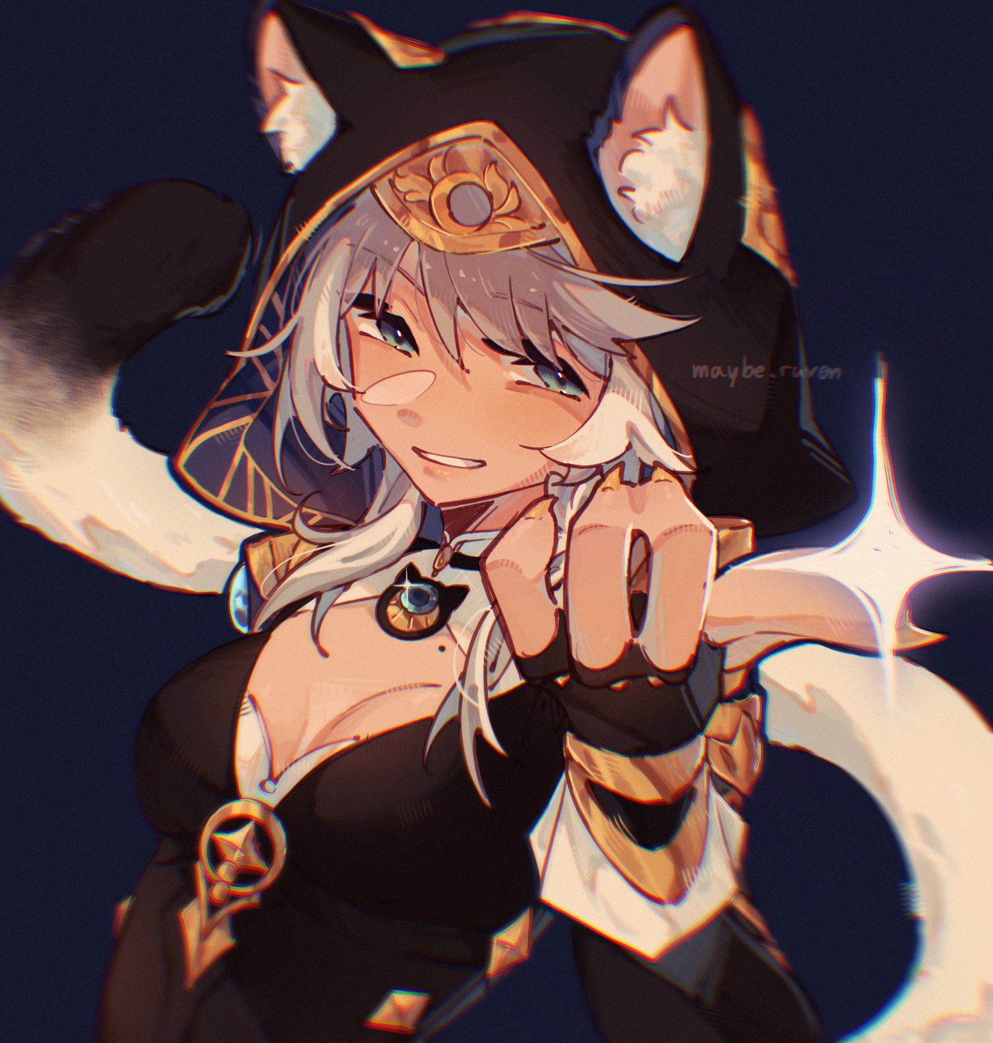 moody avocado, cipher (honkai: star rail), honkai: star rail, honkai (series), commentary, english commentary, highres, 1girl, animal ear fluff, animal ears, animal hood, black gloves, black leotard, blue background, blue eyes, breasts, cat ears, cat girl, cat hood, cat tail, cleavage, fingerless gloves, gloves, grey hair, hood, leotard, medium breasts, mole, mole on breast, short hair with long locks, simple background, solo, tail, upper body, yellow nails