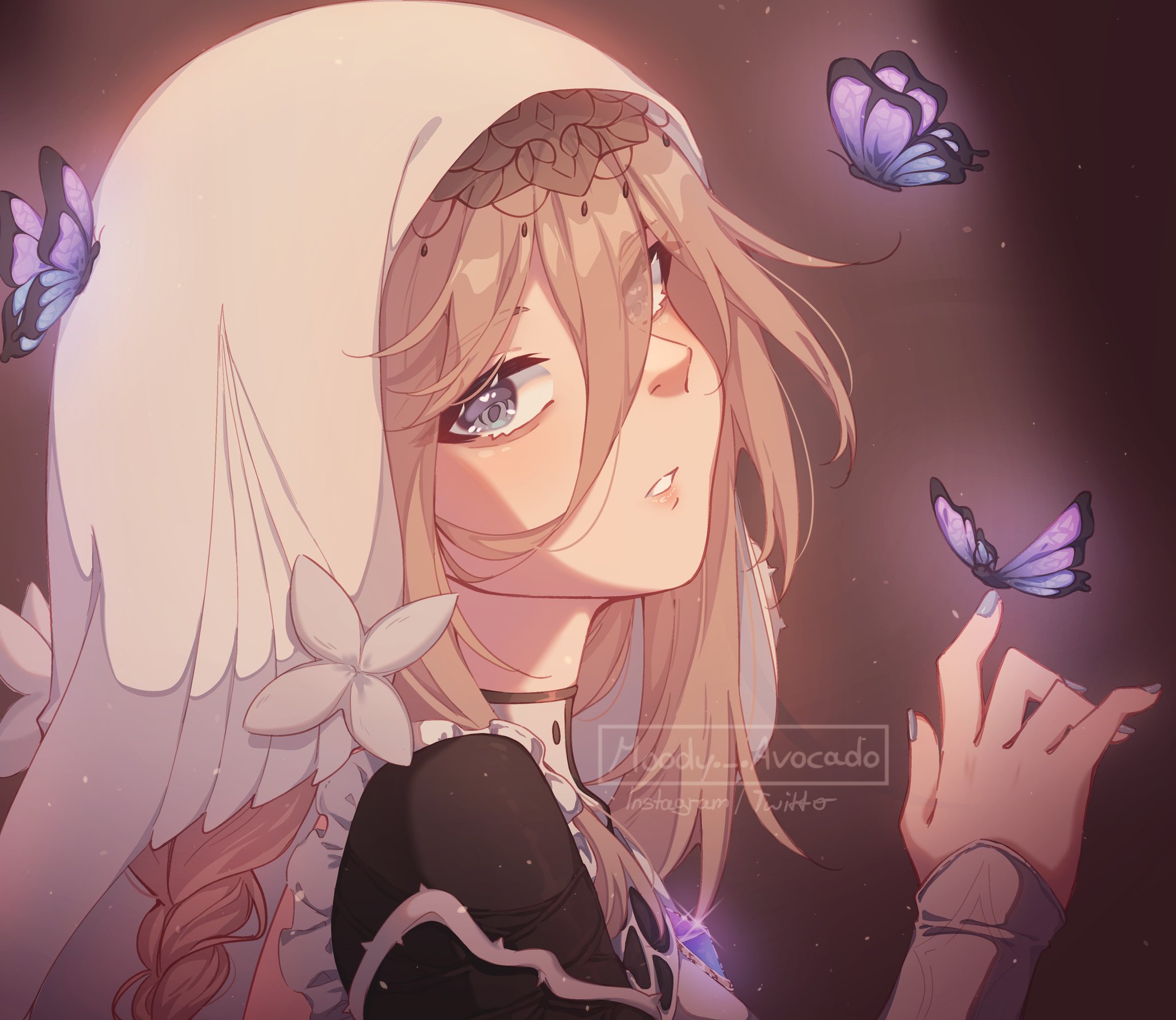 moody avocado, aponia, honkai (series), honkai impact 3rd, commentary, english commentary, highres, 1girl, artist name, blonde hair, blue butterfly, blue eyes, brown background, bug, butterfly, butterfly on hand, from side, hair between eyes, insect, nun, parted lips, portrait, solo, vest, white vest