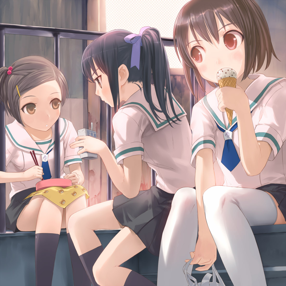 uni (plastic girl), original, black legwear, white legwear, 3girls, animal print, bag, bear print, bento, black hair, black skirt, blue neckerchief, breasts, brown eyes, brown hair, carton, chopsticks, drink, drinking straw, food, hair bobbles, hair ornament, hair ribbon, hairclip, hand up, holding, holding bag, holding chopsticks, ice cream, ice cream cone, indoors, juice box, leaning forward, looking at another, looking to the side, multiple girls, neckerchief, one side up, pleated skirt, ponytail, purple ribbon, railing, red eyes, ribbon, school uniform, serafuku, short hair, short sleeves, sitting, skirt, small breasts, thighhighs