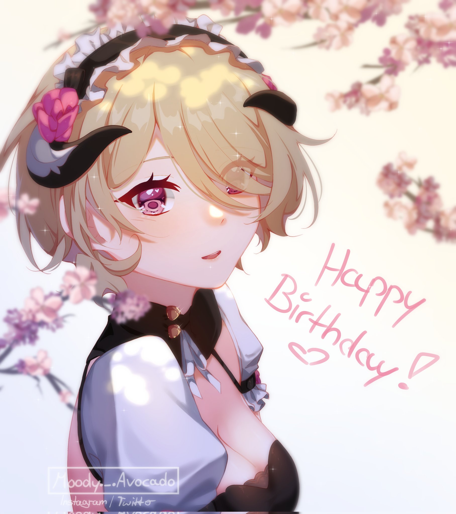 moody avocado, rita rossweisse, rita rossweisse (umbral rose), honkai (series), honkai impact 3rd, commentary, english commentary, highres, 1girl, artist name, black dress, breasts, brown hair, cherry blossoms, cleavage, dress, fake horns, happy birthday, horns, maid, maid headdress, medium breasts, puffy short sleeves, puffy sleeves, purple eyes, short hair, short sleeves, solo, upper body