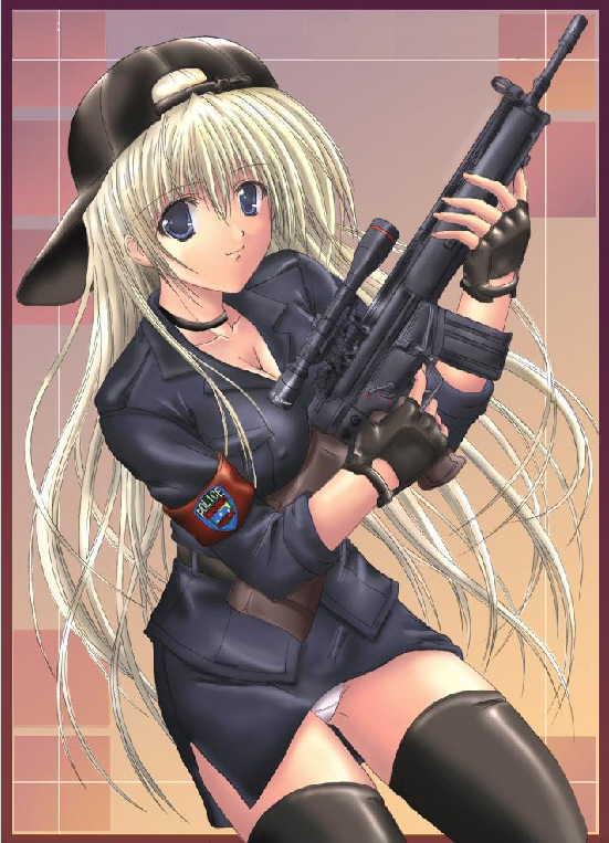 sniper, blonde hair, blue eyes, covered erect nipples, gloves, gun, long hair, panties, pantyshot, police, psg, thighhighs, underwear, upskirt, weapon