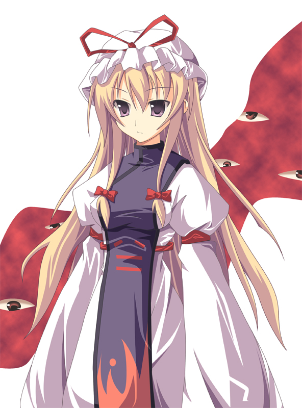 yakumo yukari, touhou, 1girl, blonde hair, breasts, dress, female focus, gap (touhou), hat, long hair, solo, white background