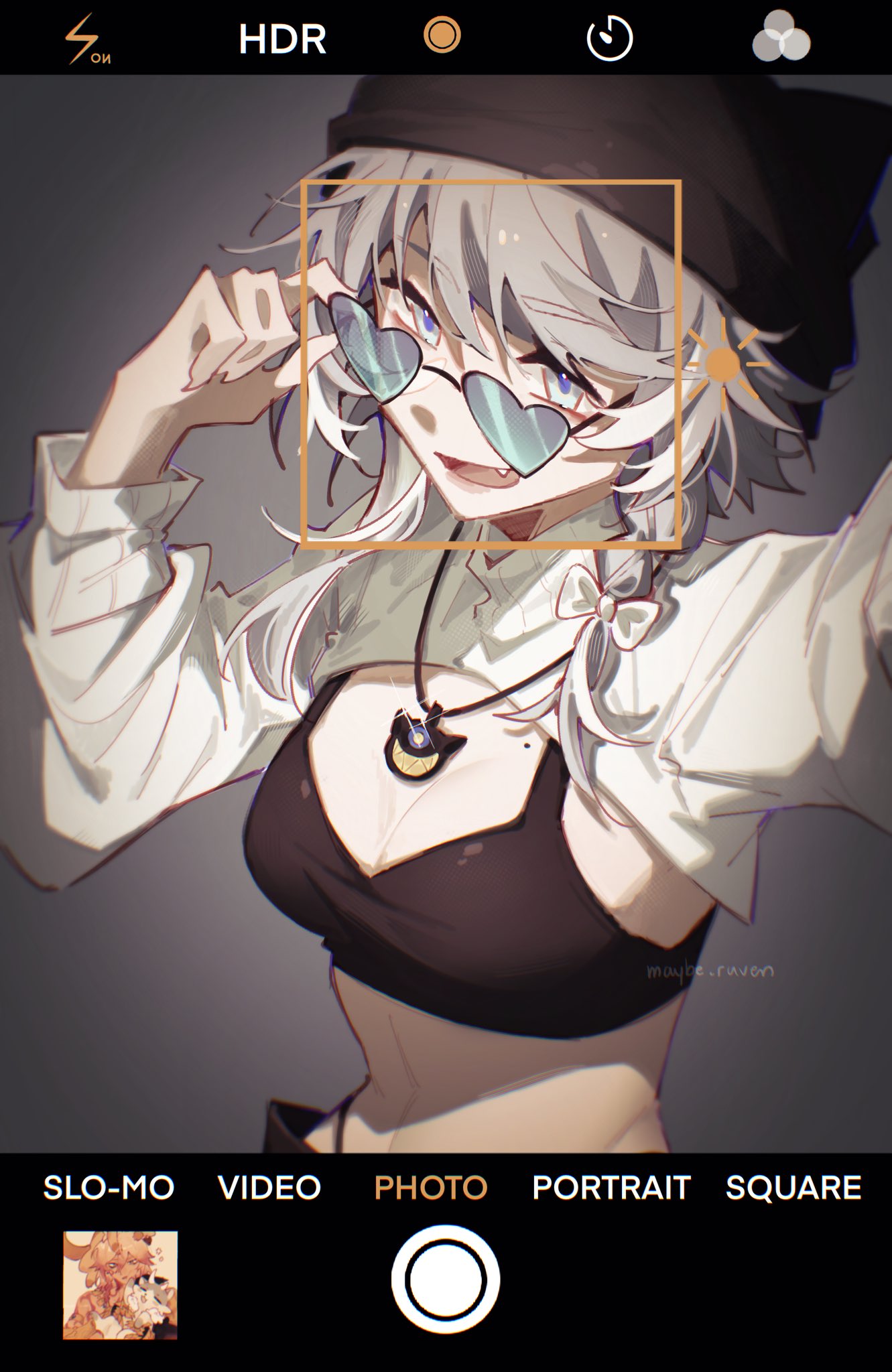 moody avocado, cipher (honkai: star rail), mydei (honkai: star rail), honkai: star rail, honkai (series), commentary, english commentary, highres, 1girl, adjusting eyewear, alternate costume, black bra, black hat, blue eyes, bra, breasts, chimera (honkai: star rail), cleavage, fake phone screenshot, fake screenshot, grey hair, hat, heart, heart-shaped eyewear, mole, mole on breast, navel, selfie, short hair with long locks, shrug (clothing), solo, stomach, underwear