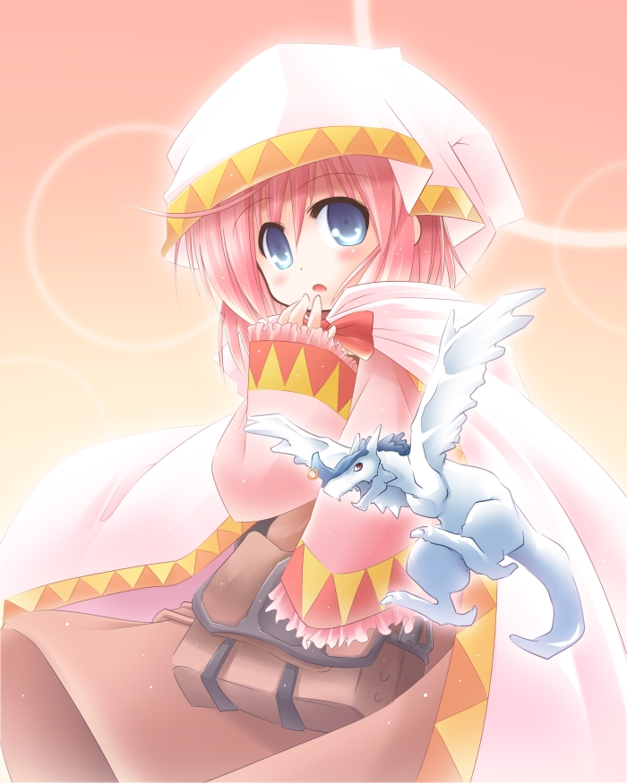 karamiti, kso, caro ru lushe, friedrich (nanoha), lyrical nanoha, mahou shoujo lyrical nanoha, mahou shoujo lyrical nanoha strikers, 00s, 1girl, :o, bag, blue eyes, blush, cowboy shot, dragon, dress, female focus, finger to mouth, handbag, holding, long sleeves, looking at viewer, open mouth, pink dress, pink hair, short hair, sleeves past wrists, solo, tareme