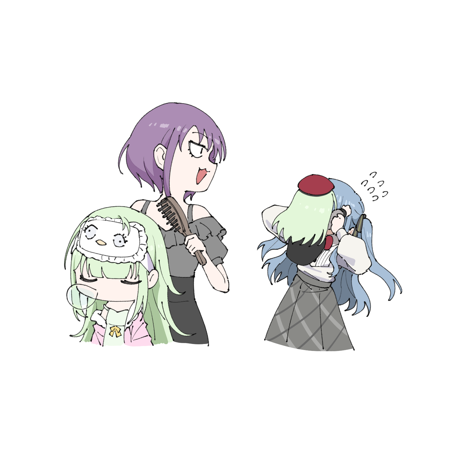 yzj21333, mortis (bang dream!), mortis (costume) (bang dream!), mortis (persona) (bang dream!), togawa sakiko, wakaba mutsumi, yuutenji nyamu, bang dream!, bang dream! it's mygo!!!!!, commentary, highres, 3girls, :3, blue hair, closed eyes, dated commentary, frilled shirt, frills, grey shirt, grey skirt, hair brush, holding, holding hair brush, long hair, long sleeves, multiple girls, off-shoulder shirt, off shoulder, open mouth, purple hair, shirt, short hair, simple background, skirt, sleep mask, white background, white shirt