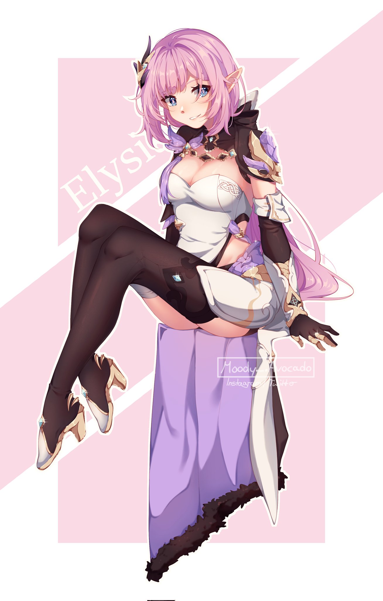 moody avocado, elysia (honkai impact), elysia (miss pink elf) (honkai impact), honkai (series), honkai impact 3rd, commentary, english commentary, highres, 1girl, artist name, black gloves, black thighhighs, blue eyes, breasts, cape, character name, cleavage, corset, elf, gloves, hair ornament, high heels, large breasts, long hair, medium hair, pink hair, pointy ears, shrug (clothing), sitting, smile, solo, thighhighs, two-tone background, very long hair, white corset