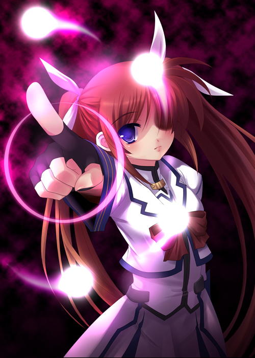 yukizuki chikuba, takamachi nanoha, lyrical nanoha, mahou shoujo lyrical nanoha, mahou shoujo lyrical nanoha strikers, 00s, 1girl, bow, cool your head, female focus, fingerless gloves, gloves, magical girl, purple eyes, red bow, red hair, solo, twintails, waist cape, white devil