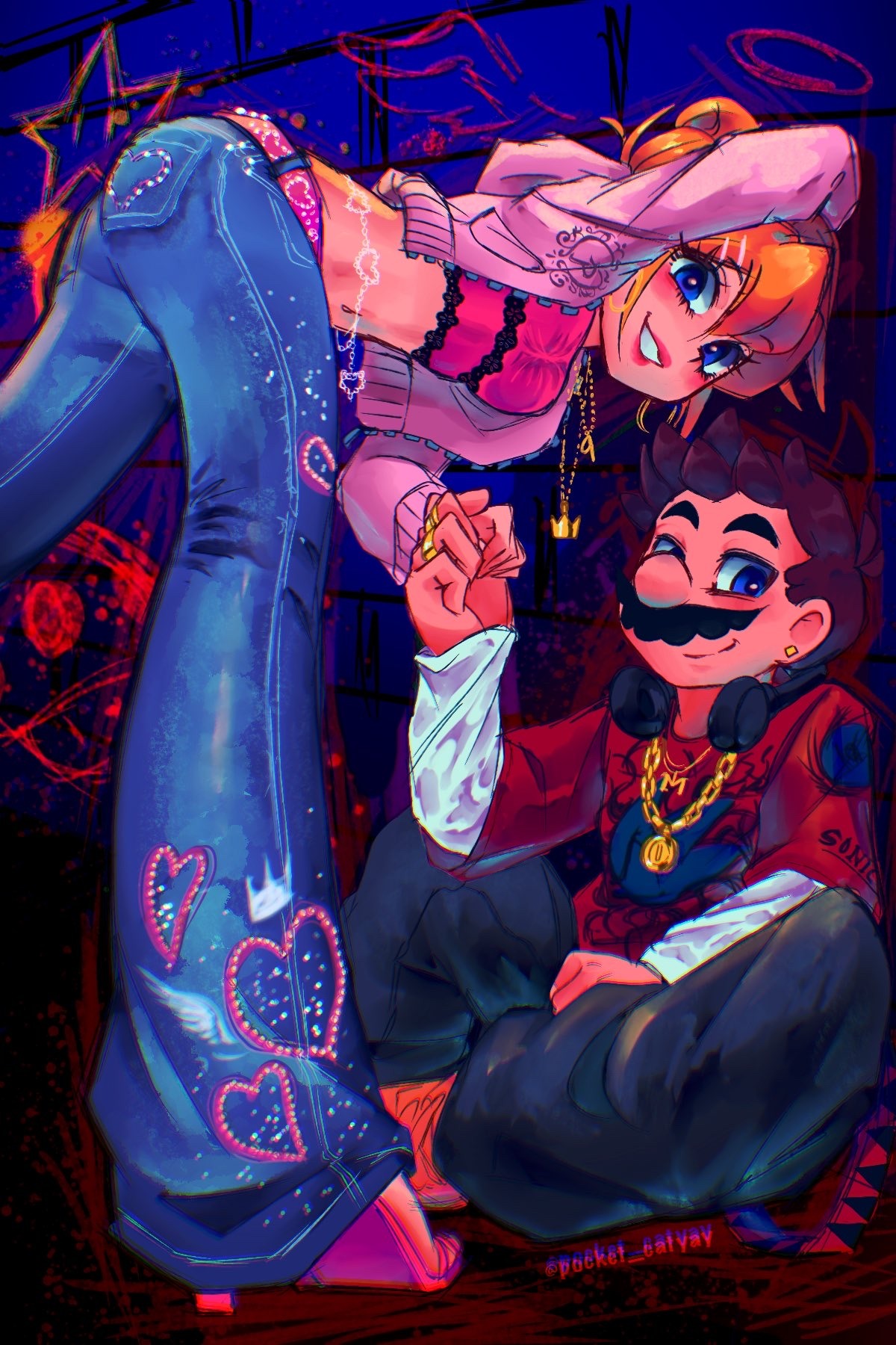 mario, princess peach, mario (series), nintendo, 1boy, 1girl, artist name, ass, belt, bent over, blonde hair, blue eyes, brown hair, chain, earrings, facial hair, gold chain, grin, headphones, high heels, holding hands, jacket, jewelry, lipstick, looking at viewer, makeup, midriff, mustache, navel, pants, sitting, smile