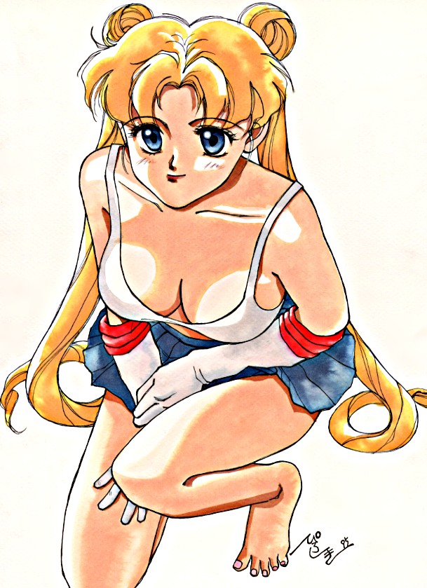 tsukino usagi, bishoujo senshi sailor moon, 1990s (style), 1girl, barefoot, blonde hair, blue eyes, breasts, cleavage, feet, female focus, kneeling, retro artstyle, simple background, solo, twintails, white background