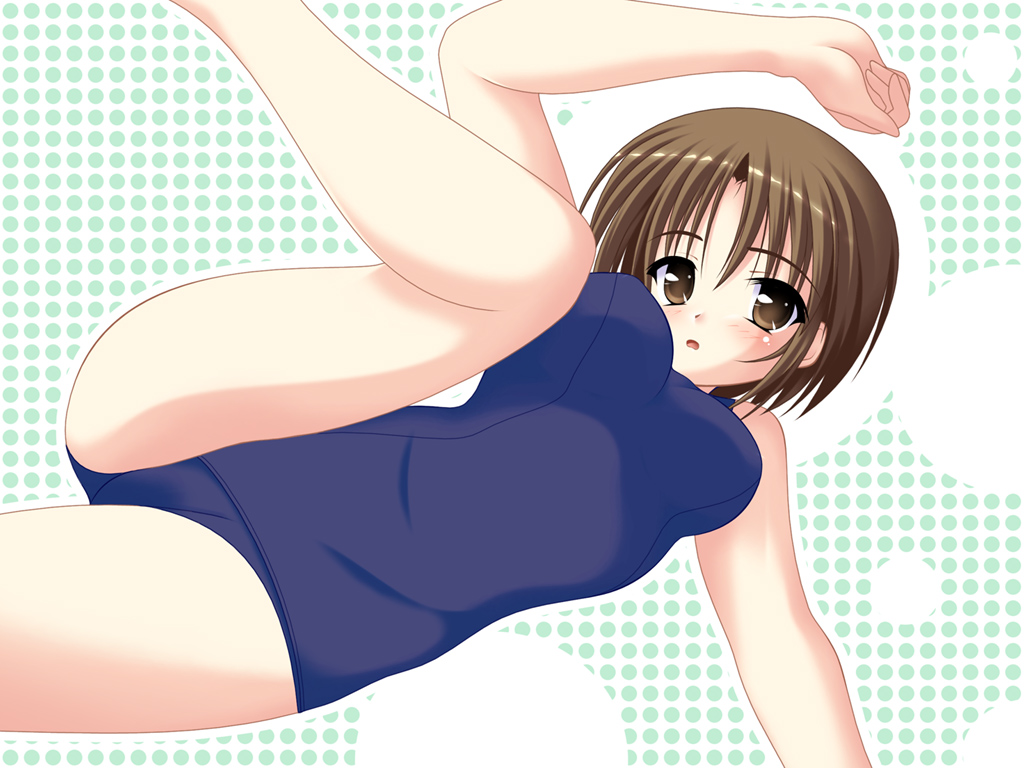 1girl, barefoot, blue one-piece swimsuit, blush, breasts, brown eyes, brown hair, green background, large breasts, leg up, looking at viewer, lying, one-piece swimsuit, open mouth, polka dot, polka dot background, school uniform, short hair, swimsuit, two-tone background, white background
