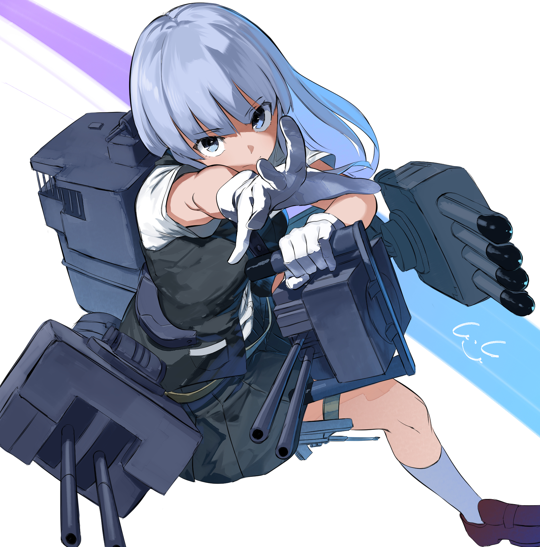 gegesan, hatsukaze (kancolle), kantai collection, highres, 1girl, adapted turret, black vest, blue eyes, blue hair, blush, bow, bowtie, cannon, cowboy shot, gloves, grey vest, headgear, long hair, looking at viewer, machinery, neckerchief, open mouth, pleated skirt, rigging, school uniform, ship turret, shirt, signature, skirt, torpedo, torpedo launcher, torpedo tubes, vest, white background, white gloves, white shirt, yellow bow, yellow bowtie, yellow neckerchief