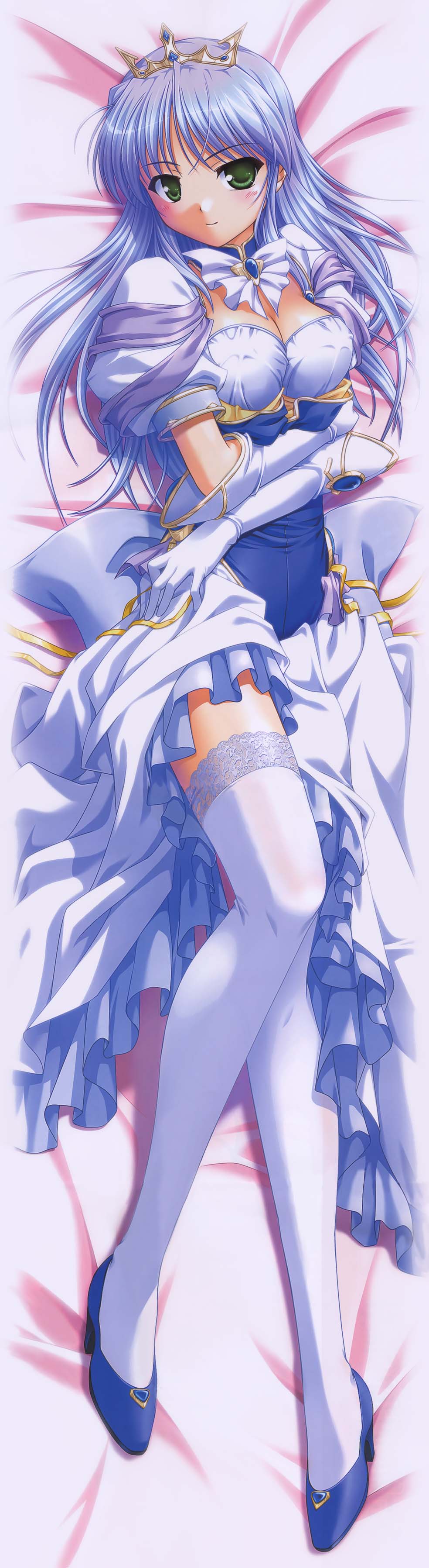 bekkankou, feena fam earthlight, yoake mae yori ruri iro na, absurdres, highres, long image, tall image, blush, crown, dress, elbow gloves, gloves, green eyes, high heels, shoes, thighhighs, zettai ryouiki