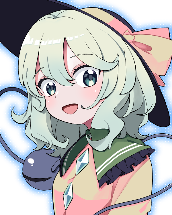 yamase, komeiji koishi, touhou, commentary request, 1girl, :d, black hat, blue eyes, blue outline, blush, bow, collared shirt, frilled shirt collar, frills, green hair, hair between eyes, hat, hat bow, looking at viewer, open mouth, outline, shirt, smile, solo, third eye, upper body, white background, yellow bow, yellow shirt