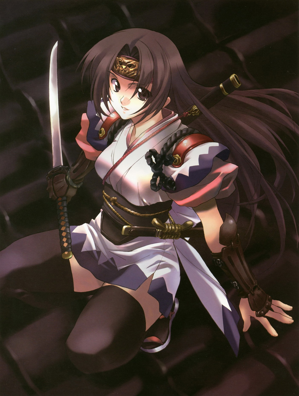matsumoto noriyuki, highres, 1girl, brown eyes, brown hair, female focus, long hair, ninja, solo, sword, thighhighs, weapon