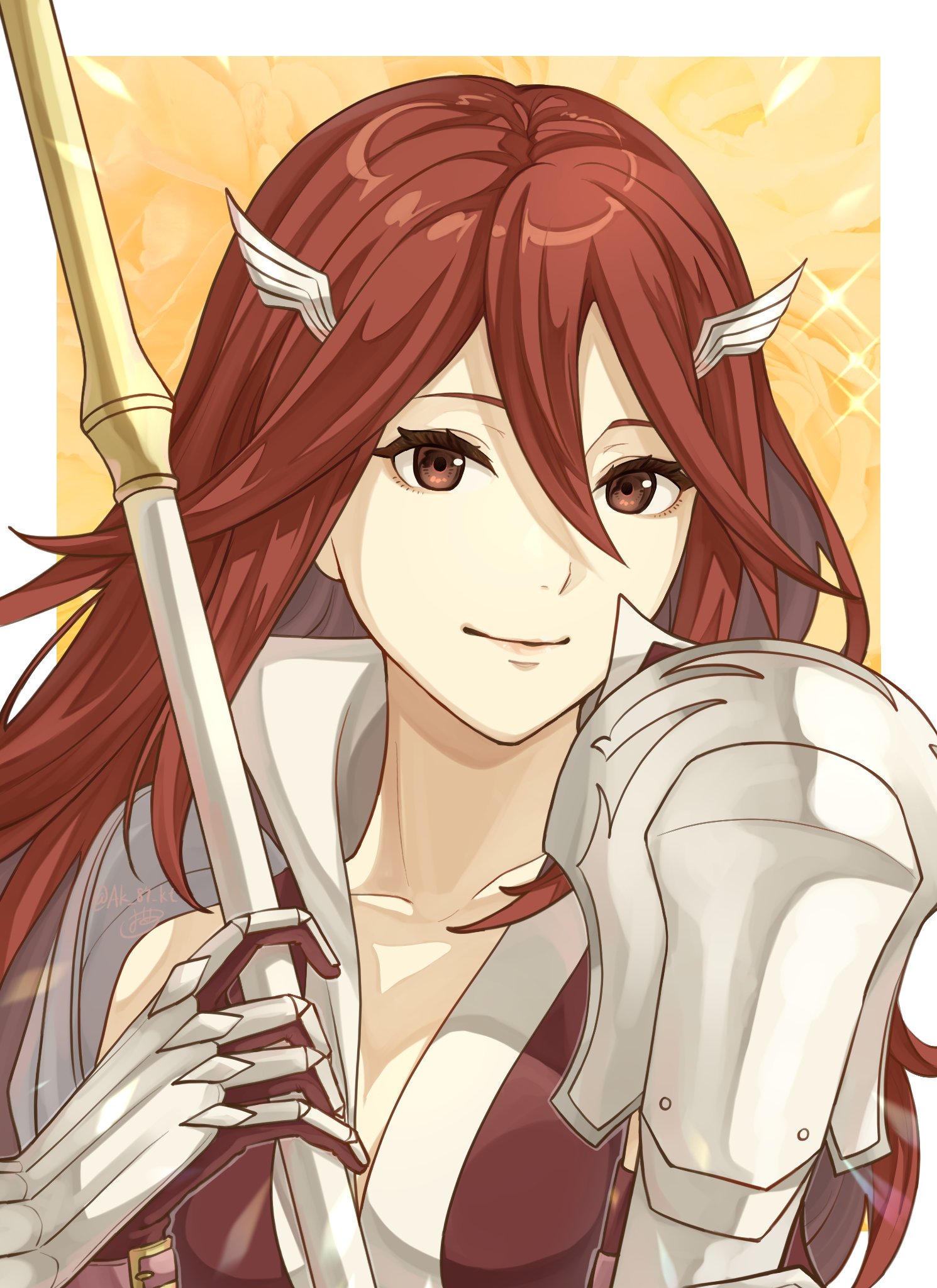ak 87 kt, cordelia (fire emblem), fire emblem, fire emblem awakening, nintendo, highres, 1girl, armor, breasts, cleavage, closed mouth, collarbone, dress, gloves, hair between eyes, hair ornament, holding, holding polearm, holding weapon, lance, long hair, looking at viewer, medium breasts, polearm, red eyes, red hair, shoulder armor, smile, solo, upper body, very long hair, weapon, wing hair ornament, winged hair ornament