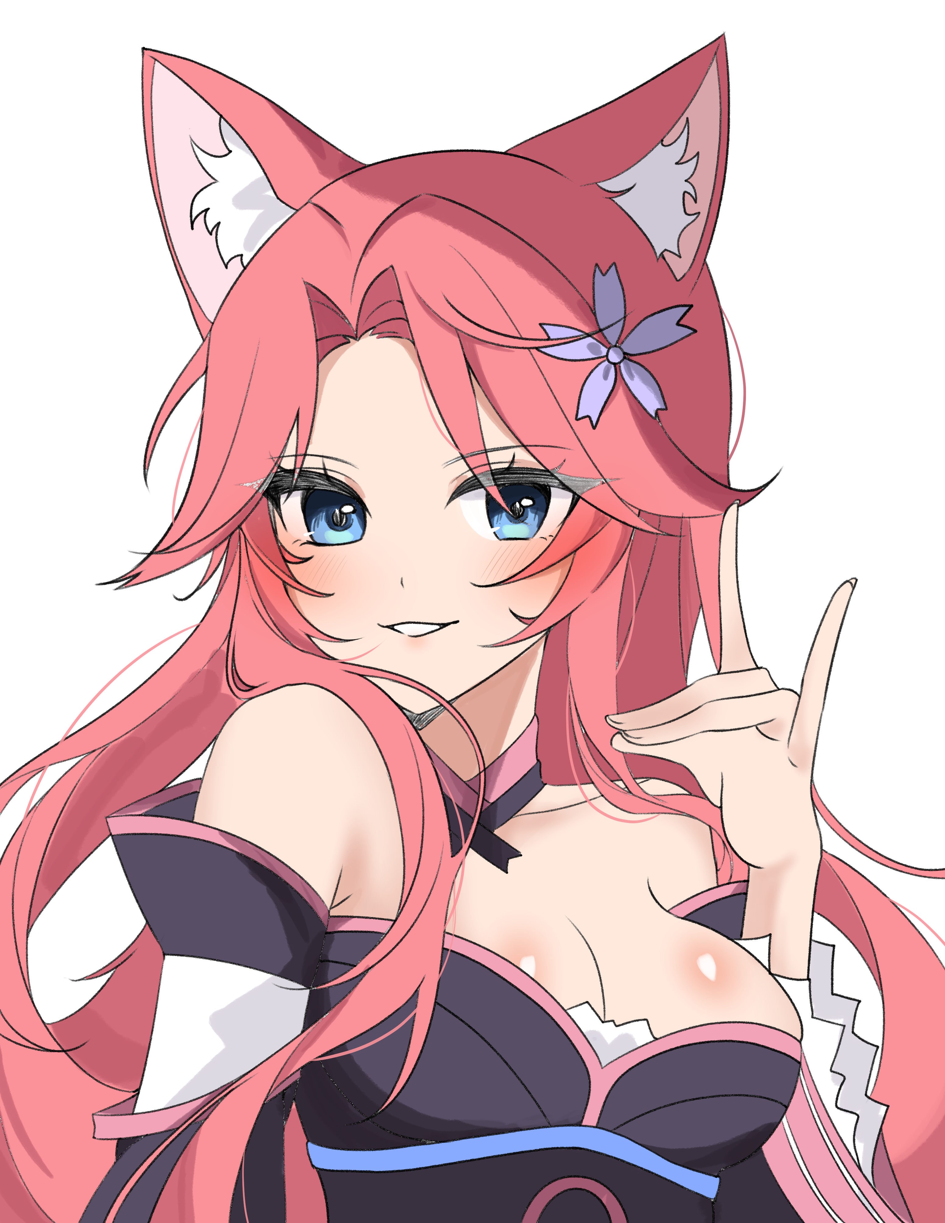 yomi (sakura dungeon), sakura dungeon, absurdres, artist request, commission, commissioner upload, highres, non-web source, 1girl, n/, animal ears, blue eyes, flower, flower on head, fox ears, fox girl, hair between eyes, japanese clothes, kimono, looking at viewer, off shoulder, pink hair, smile
