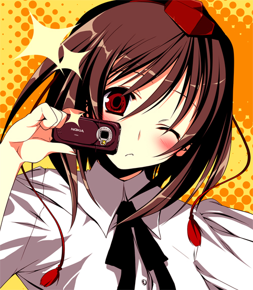 oba kagerou, ooba kagerou, shameimaru aya, touhou, 1girl, blush, brown hair, camera, cellphone, female focus, hat, looking at viewer, one eye closed, phone, red eyes, short hair, solo, tokin hat, wink