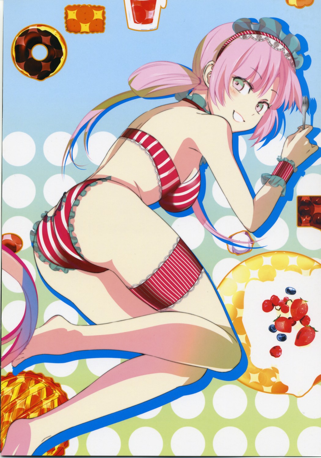 highres, tagme, 1girl, ass, barefoot, bikini, breasts, donut, female focus, food, fork, hairband, large breasts, long hair, pink hair, solo, swimsuit, thigh strap, wrist cuffs