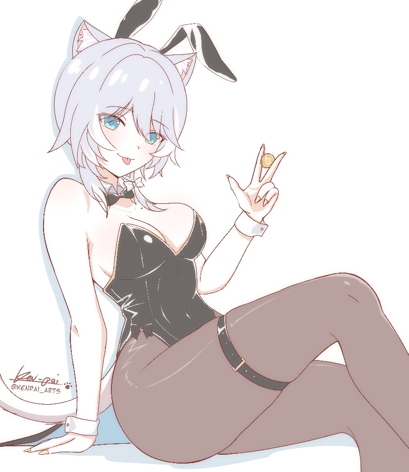 ken-pai (kenpai arts), cipher (honkai: star rail), honkai: star rail, honkai (series), commentary, english commentary, 1girl, alternate costume, animal ear fluff, animal ears, artist name, bare shoulders, black bow, black bowtie, black leotard, black pantyhose, blue eyes, bow, bowtie, breasts, cat ears, cat girl, cat tail, cleavage, coin, fake animal ears, gold coin, grey hair, holding, holding coin, large breasts, leotard, pantyhose, playboy bunny, short hair with long locks, simple background, sitting, solo, tail, tongue, tongue out, twitter username, white background, wrist cuffs