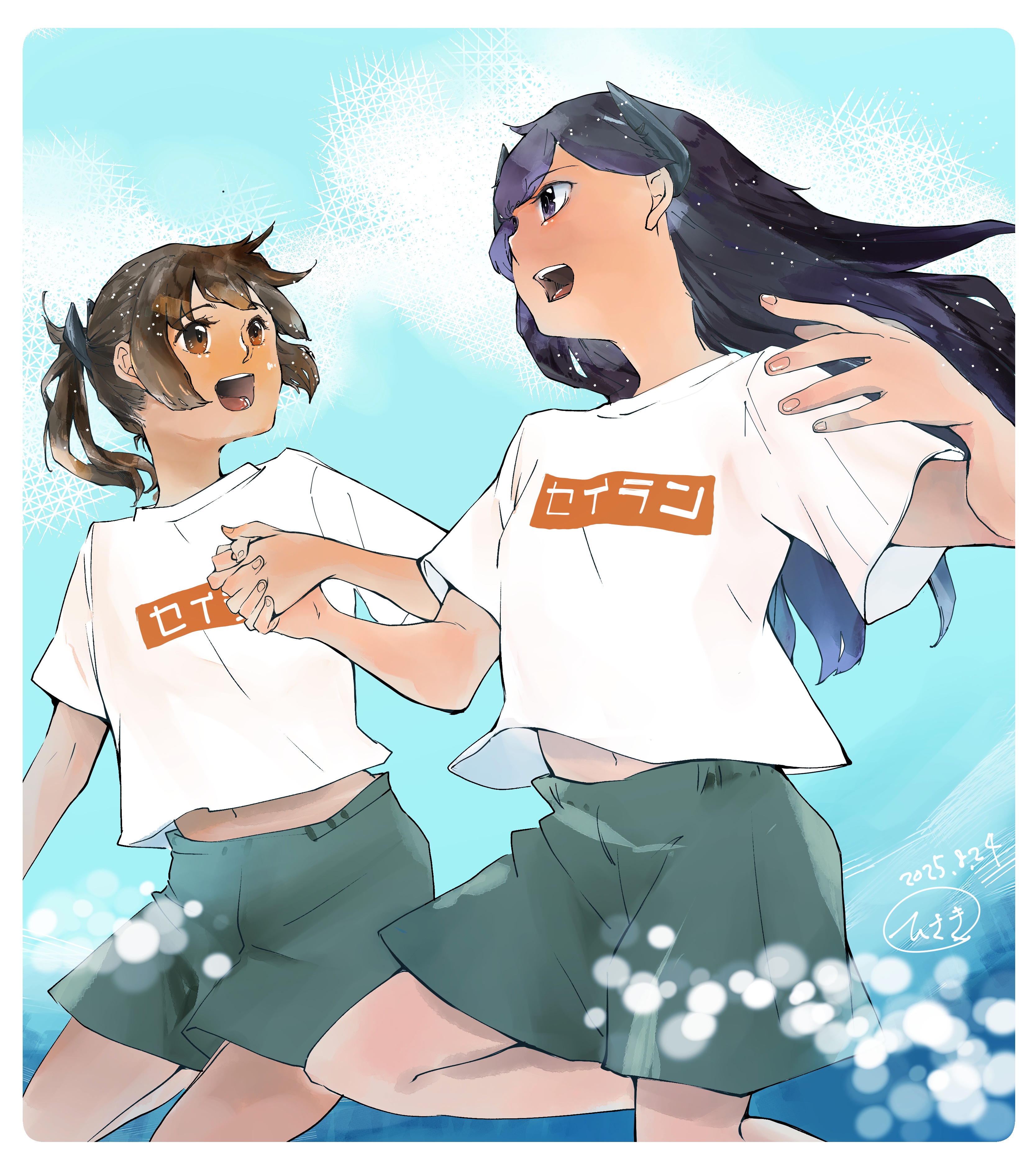 2 (f211m289), i-400 (kancolle), i-401 (kancolle), kantai collection, absurdres, highres, 2girls, black eyes, black hair, blue sky, brown eyes, brown hair, clothes writing, cloud, cosplay, cowboy shot, grey shorts, headgear, i-400 (kancolle) (cosplay), i-400 (kure) (kancolle), long hair, matching outfits, multiple girls, official alternate costume, shirt, shorts, sky, smile, white shirt