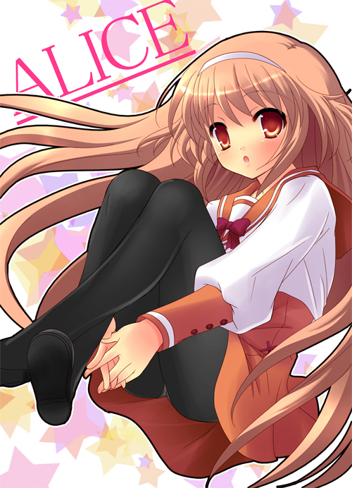 ito noizi, yukizuki chikuba, alice (alice parade), miori (alice parade), alice parade, 1girl, brown eyes, brown hair, female focus, hairband, long hair, panties, panties under pantyhose, pantyhose, school uniform, serafuku, solo, underwear, very long hair, white panties