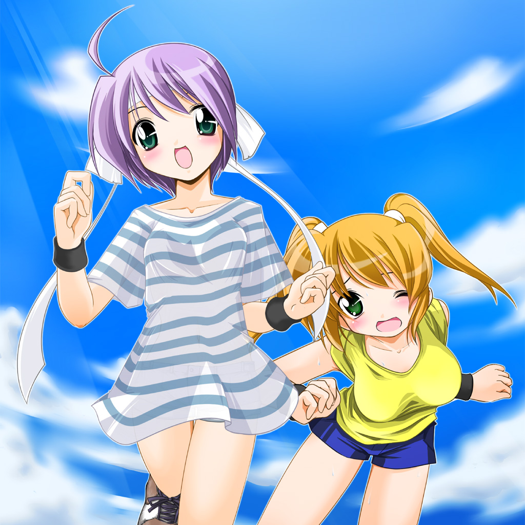 kei (fortune), subaru nakajima, teana lanster, lyrical nanoha, mahou shoujo lyrical nanoha, mahou shoujo lyrical nanoha strikers, 00s, 2girls, :d, ;o, bare legs, blonde hair, blue sky, breasts, collarbone, day, green eyes, large breasts, light rays, long hair, looking at viewer, multiple girls, one eye closed, open mouth, purple hair, running, shirt, shoes, short shorts, short sleeves, shorts, sky, smile, sneakers, striped clothes, striped shirt, sunlight, sweatband, twintails, underwear, very long hair, wince