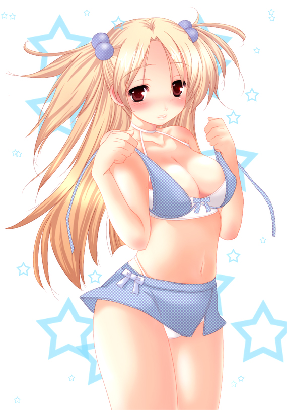 umehara emika, original, 1girl, blonde hair, blush, bra, breasts, brown eyes, cleavage, female focus, large breasts, lingerie, long hair, midriff, miniskirt, panties, skirt, solo, swimsuit, thighs, underwear, undressing