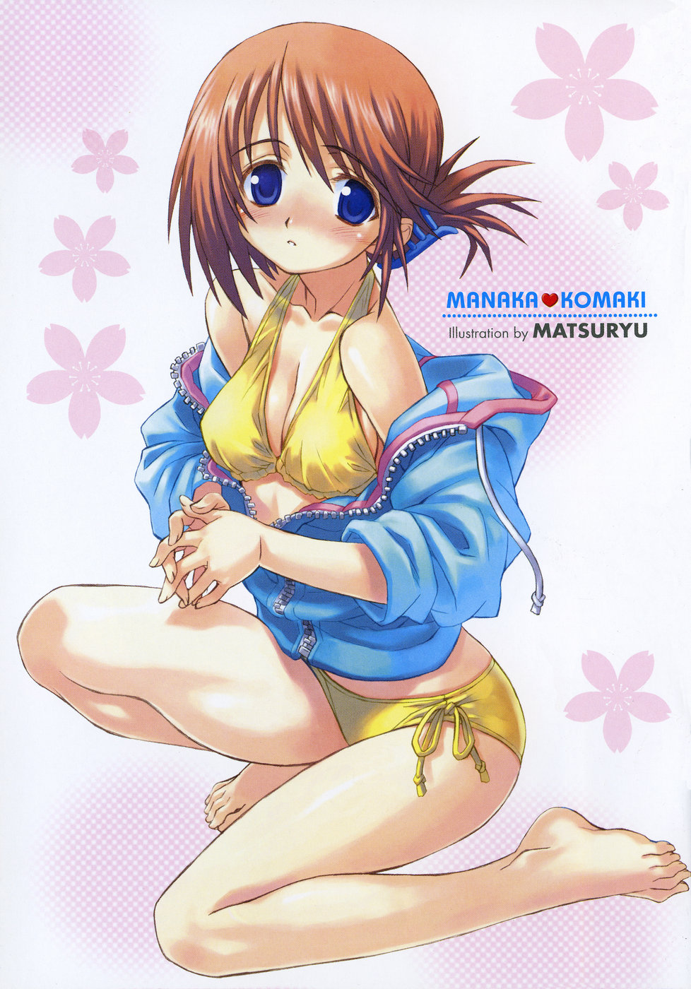 matsuryuu, komaki manaka, to heart (series), to heart 2, highres, scan, 00s, 1girl, barefoot, bikini, blush, breasts, cleavage, feet, female focus, folded ponytail, on one knee, side-tie bikini bottom, solo, swimsuit, yellow bikini, zipper