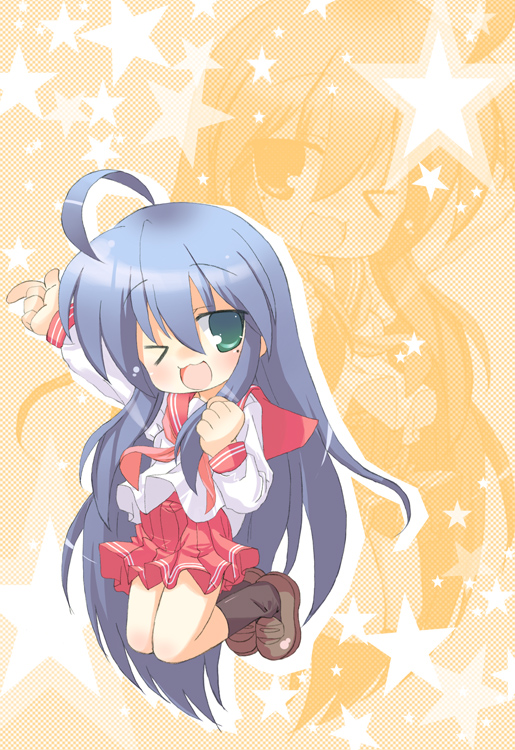 omiso, omiso (omiso), izumi konata, lucky star, 00s, 1girl, ;d, arm up, black socks, blue hair, brown shoes, chibi, female focus, full body, green eyes, jumping, kneehighs, loafers, long hair, long sleeves, mole, mole under eye, one eye closed, open mouth, pleated skirt, red skirt, sailor collar, school uniform, serafuku, shirt, shoes, skirt, smile, socks, solo, very long hair, white shirt
