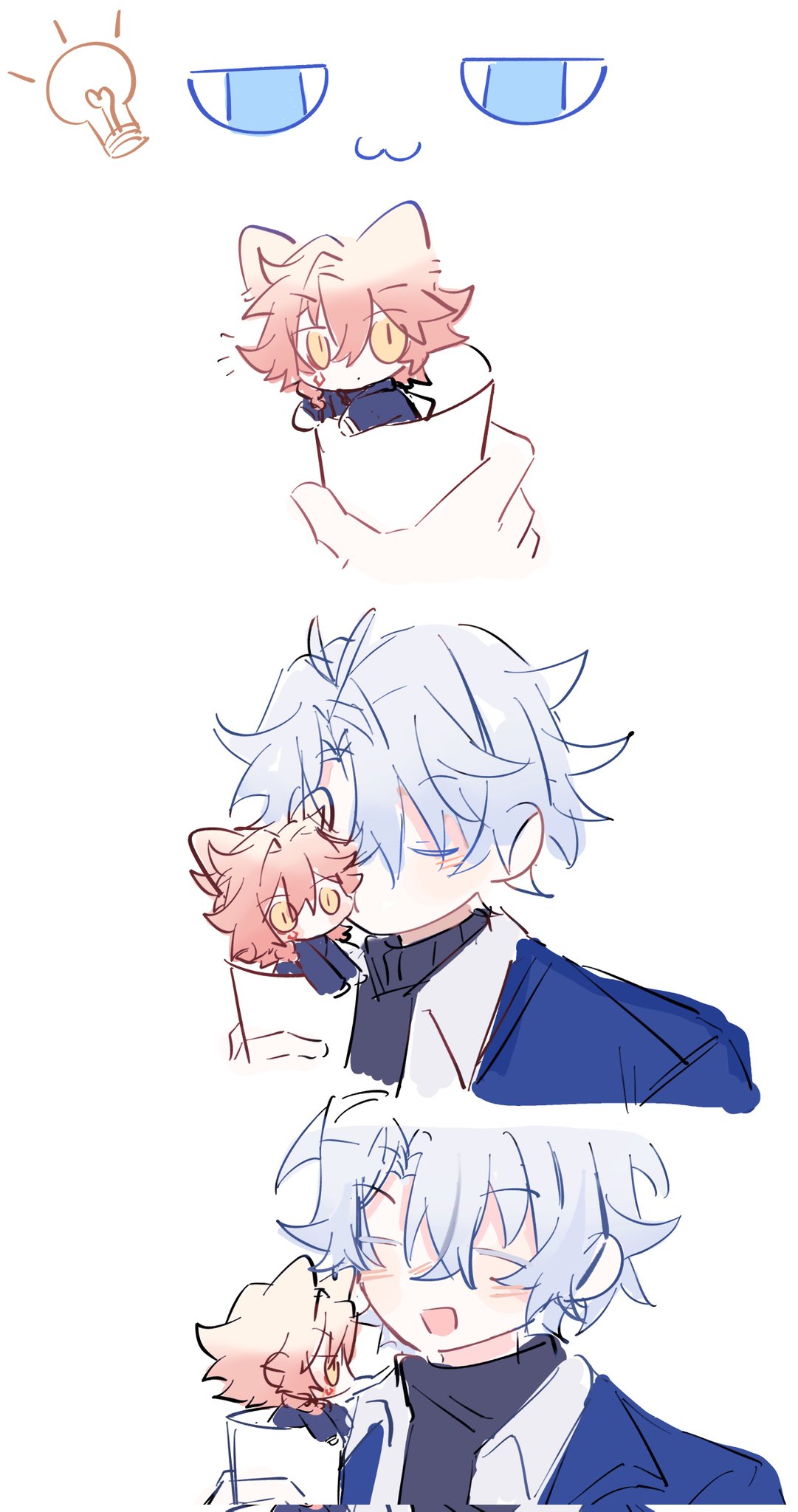 ping (2178761408qqco1), mydei (honkai: star rail), phainon (honkai: star rail), honkai: star rail, honkai (series), highres, 2boys, antenna hair, black sweater, blue coat, blue eyes, chibi, closed eyes, coat, crossed bangs, cup, grey hair, hair between eyes, holding, holding cup, male focus, mini person, miniboy, multiple boys, official alternate costume, open clothes, open coat, open shirt, orange hair, parted bangs, phainon (luckin coffee) (honkai: star rail), shirt, short hair, simple background, sweater, turtleneck, turtleneck sweater, white background, white shirt