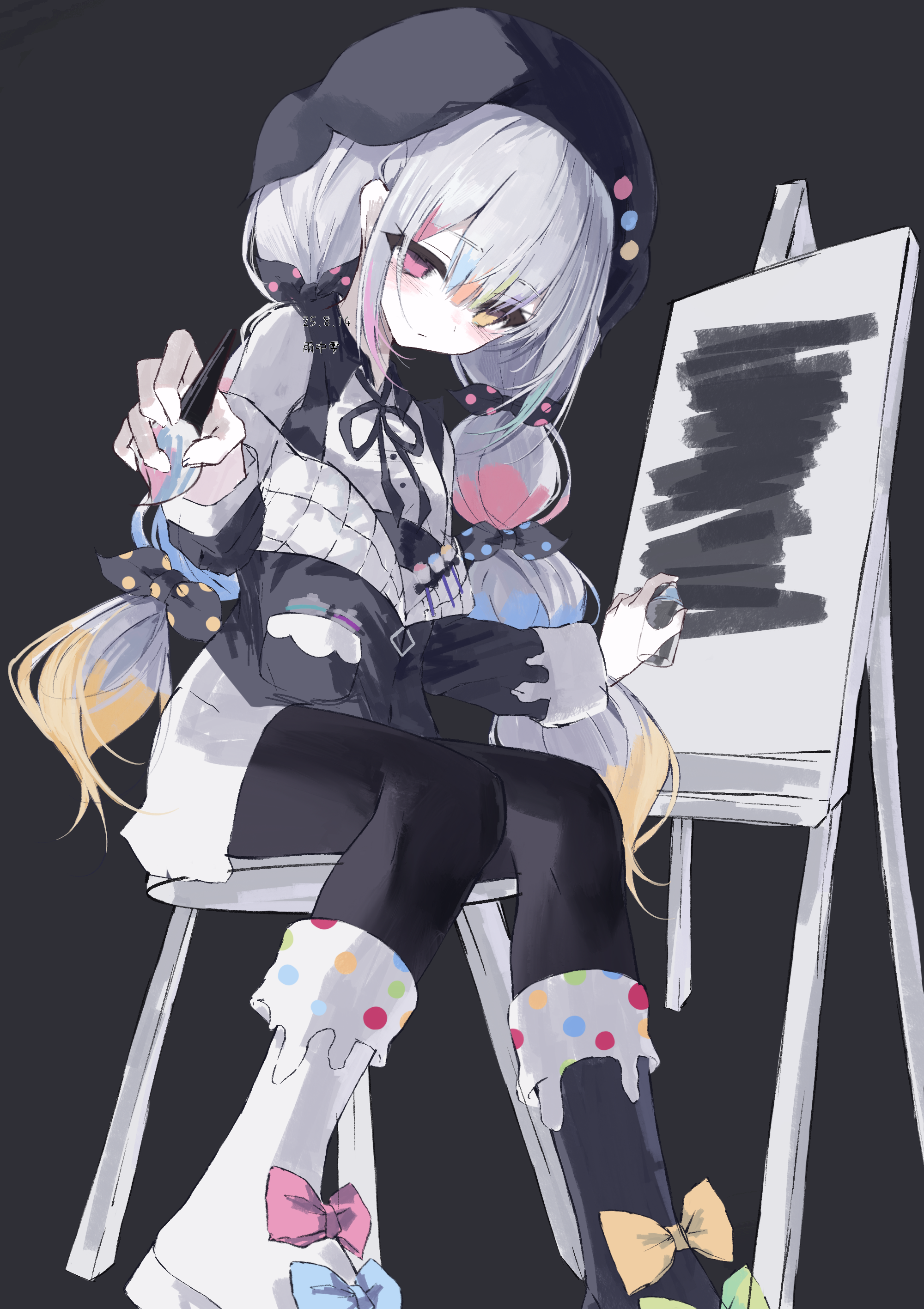 jougasaki noa, mahou shoujo no majo saiban, absurdres, chinese commentary, commentary request, highres, 1girl, asymmetrical footwear, beret, black boots, black pantyhose, black ribbon, boots, bow, braid, canvas (object), closed mouth, easel, empty eyes, expressionless, grey background, hat, heterochromia, holding, holding paintbrush, holding spray can, long hair, long sleeves, looking at viewer, magical girl, mismatched footwear, multi-tied hair, multicolored hair, neck ribbon, off shoulder, paintbrush, pantyhose, pink bow, ribbon, simple background, sitting, solo, spray can, stool, twin braids, white boots, yellow bow, yellow eyes, you de cong yu