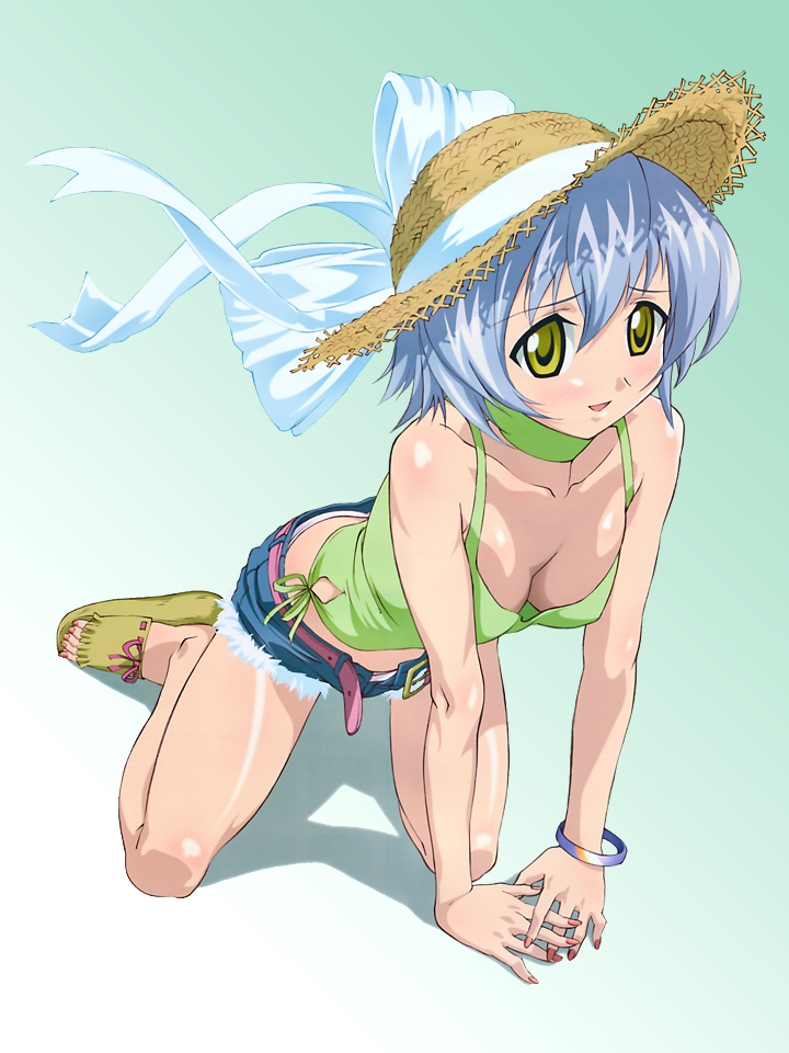 ookaji hiroyuki, sugiyama nobuhiro, izumi ako, mahou sensei negima!, scan, 00s, 1girl, all fours, belt, blue hair, blush, bracelet, breasts, camisole, choker, cleavage, denim, denim shorts, feet, female focus, gradient background, hat, jewelry, june, nail polish, open belt, open fly, own hands clasped, panties, ribbon, sandals, short hair, short shorts, shorts, smile, solo, straw hat, toes, underwear, unzipped, white panties, yellow eyes